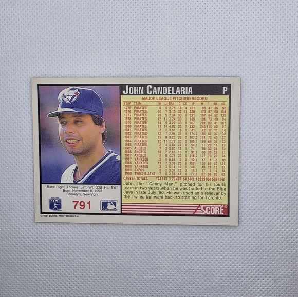 1991 Score John Candelaria Toronto Blue Jays #791 Baseball Card - Picture 3 of 4